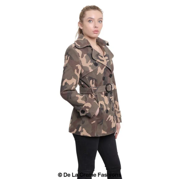 Women’s Camo Print Double Breasted Short Coat - Jackets &