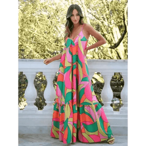 Women's Color Block Print Cover-Up Ruffle Hemline Maxi Dress - Epic Fashion UKAllDressWomen