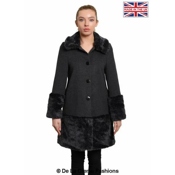 Women’s Faux Fur Trim Wool Mix Coat - UK 10/EU 38/US 6 /