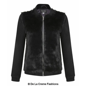 Womens Faux Fur Zip-Thru Varsity Bomber Jacket - Coats &