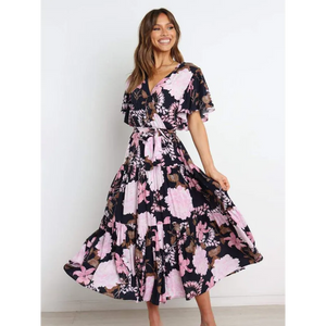 Women’s Floral Print Flutter Sleeve Faux Wrap Midi Dress - 2