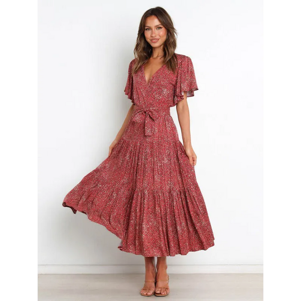 Women’s Floral Print Flutter Sleeve Faux Wrap Midi Dress