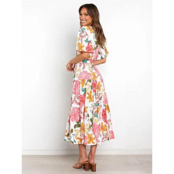 Women’s Floral Print Flutter Sleeve Faux Wrap Midi Dress