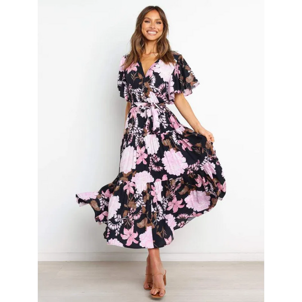 Women’s Floral Print Flutter Sleeve Faux Wrap Midi Dress