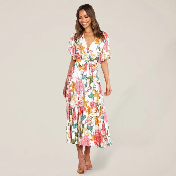 Women’s Floral Print Flutter Sleeve Faux Wrap Midi Dress