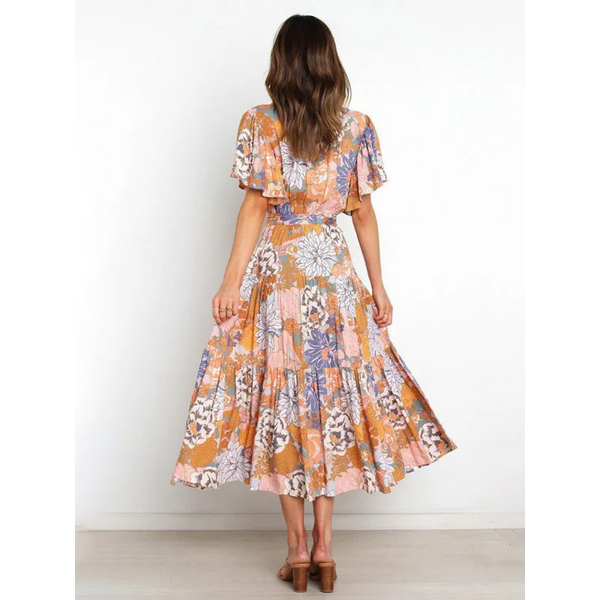 Women’s Floral Print Flutter Sleeve Faux Wrap Midi Dress