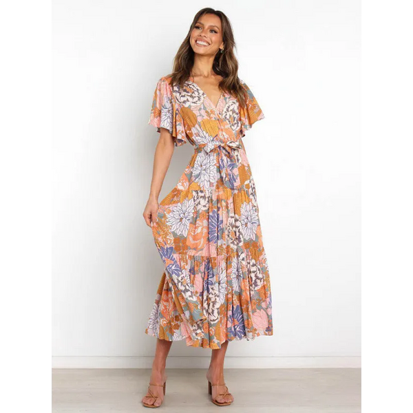 Women’s Floral Print Flutter Sleeve Faux Wrap Midi Dress