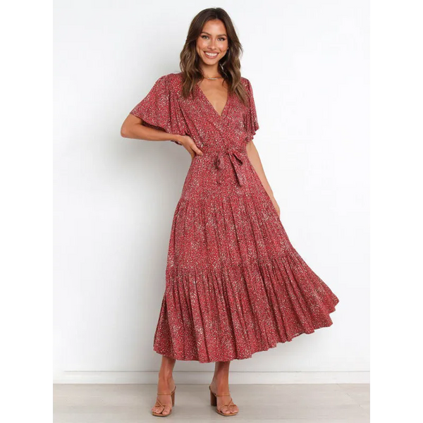 Women’s Floral Print Flutter Sleeve Faux Wrap Midi Dress -