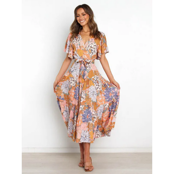 Women’s Floral Print Flutter Sleeve Faux Wrap Midi Dress -