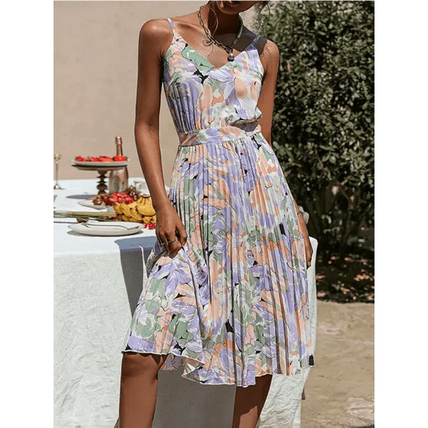 Women's Floral Print Strap V-Neck Pleated Dress - Epic Fashion UKAllDressWomen