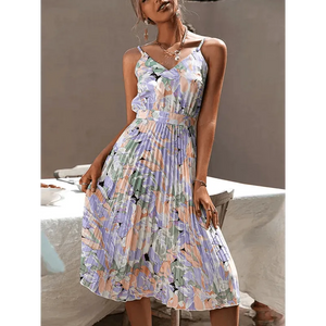 Women's Floral Print Strap V-Neck Pleated Dress - Epic Fashion UKAllDressWomen