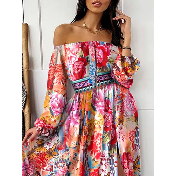 Women’s Floral Print The Shoulder Long Sleeve Maxi Dress