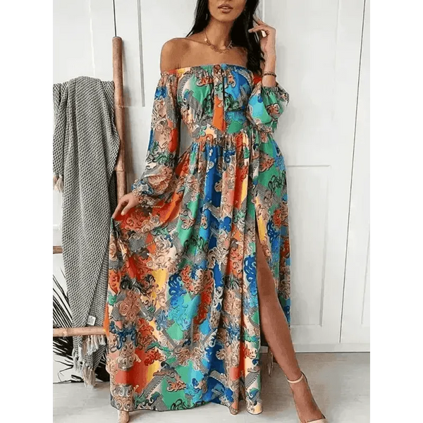 Women's Floral Print The Shoulder Long Sleeve Maxi Dress - Epic Fashion UKAllDressWomen