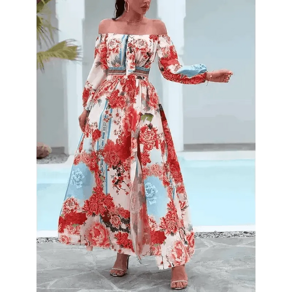 Women's Floral Print The Shoulder Long Sleeve Maxi Dress - Epic Fashion UKAllDressWomen