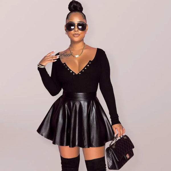 Women’s High Waist Swing Faux Leather Mini Skirt - Black / S