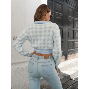Women’s Houndstooth Jacquard Lapel Crop Sweater - Tops