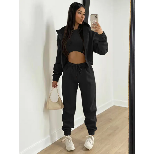 Women’s Knitted Casual Sports Fleece Hooded Three-piece Suit