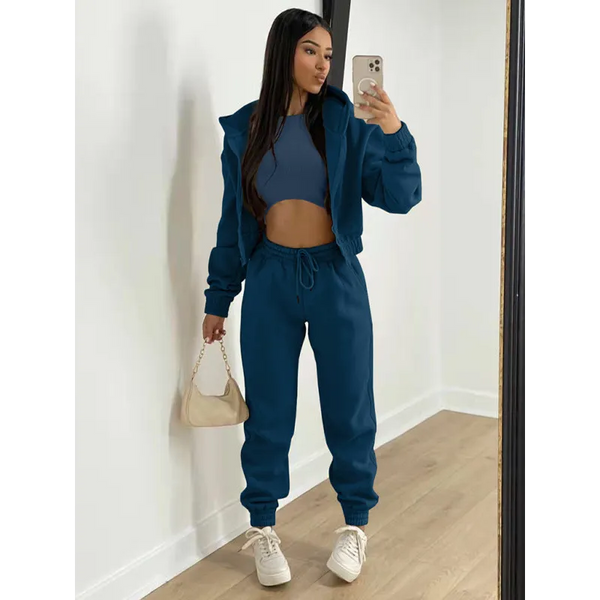 Women’s Knitted Casual Sports Fleece Hooded Three-piece Suit