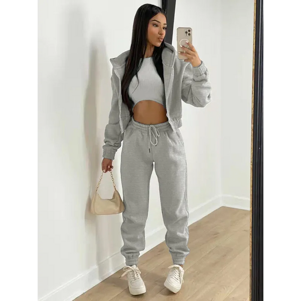 Women’s Knitted Casual Sports Fleece Hooded Three-piece Suit