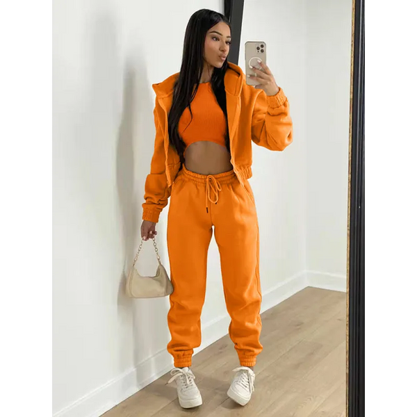 Women’s Knitted Casual Sports Fleece Hooded Three-piece Suit