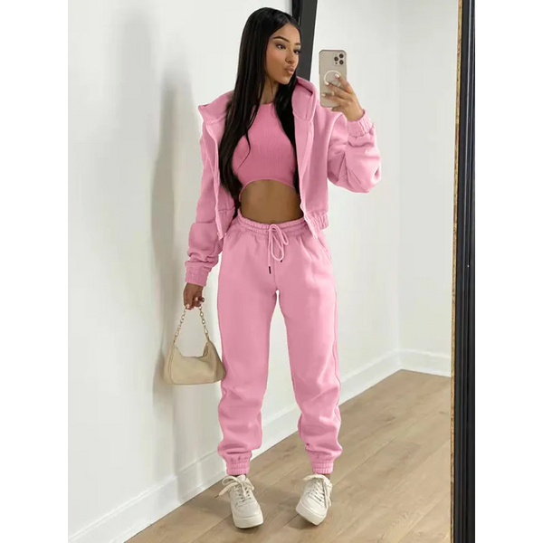 Women’s Knitted Casual Sports Fleece Hooded Three-piece Suit