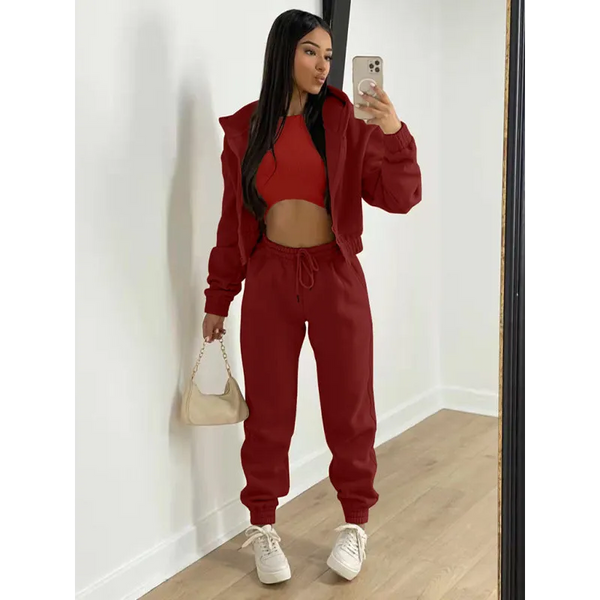 Women’s Knitted Casual Sports Fleece Hooded Three-piece Suit