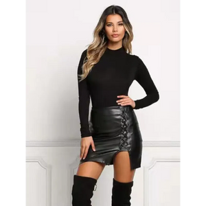 Women’s Lace Up Faux Leather Slit Mini Skirt