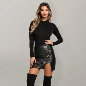 Women’s Lace Up Faux Leather Slit Mini Skirt - Black / S