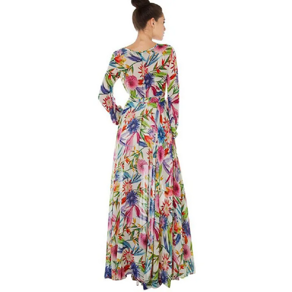Women’s Lantern Sleeve V Neck Tie Leaf Print Swing Dress