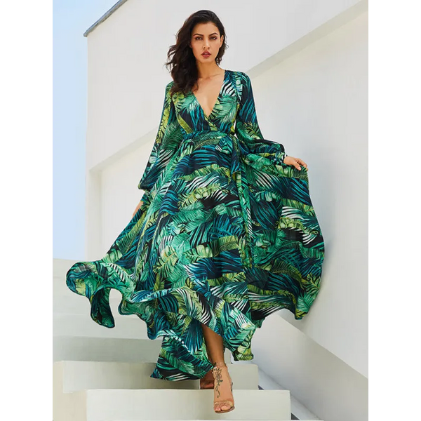 Women’s Lantern Sleeve V Neck Tie Leaf Print Swing Dress -
