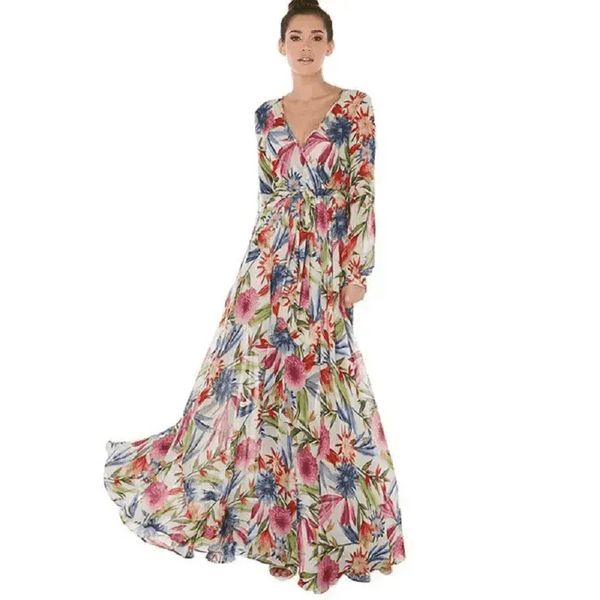 Women's Lantern Sleeve V Neck Tie Leaf Print Swing Dress - Epic Fashion UKAllDressWomen