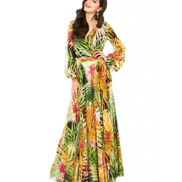 Women’s Lantern Sleeve V Neck Tie Leaf Print Swing Dress -