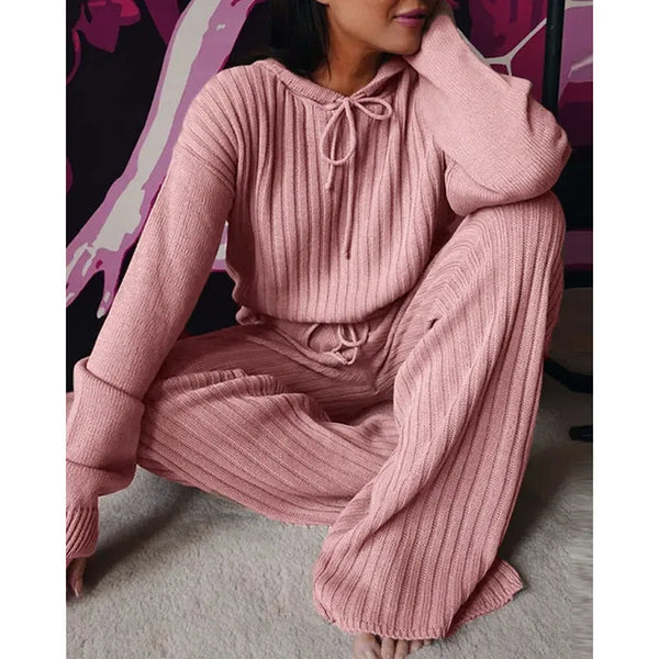 Women’s Long Sleeve Loose Hooded Casual Home Set - Pink / S