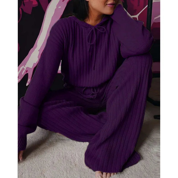 Women’s Long Sleeve Loose Hooded Casual Home Set - Purple /