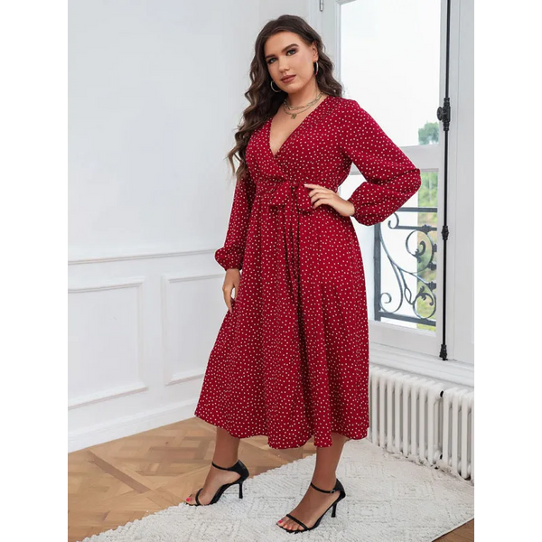 Women’s Plus Size Dot Print Puff Sleeve Tie Waist V Neck