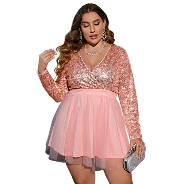 Women’s Plus Size V Neck Long Sleeve Sequin And Mesh