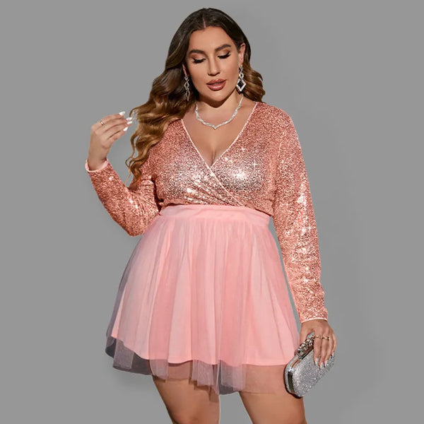 Women’s Plus Size V Neck Long Sleeve Sequin And Mesh