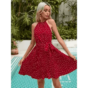 Women's Polka Dot Print Pleated Halter Neck Shift Dress - Epic Fashion UKAllDressWomen