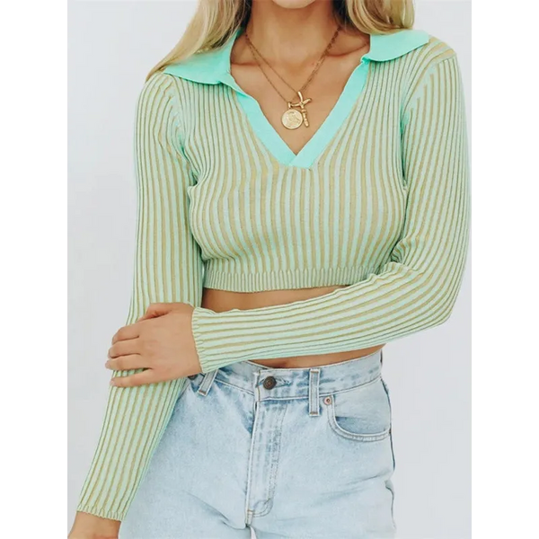 Women’s Pullover V-Neck Lapel Knit Sweater - Tops