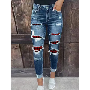 Women’s Rip Distressed Lined With Plaid Print Curvy Fit