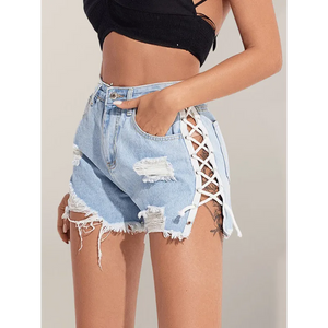 Women’s Ripped Side Lace-up Denim Shorts - Blue / XS