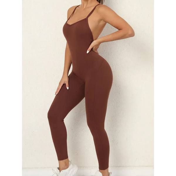 Women’s sexy backless yoga fitness jumpsuit - Coffe / S -