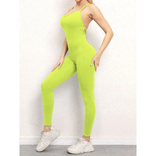 Women’s sexy backless yoga fitness jumpsuit - Yellow green /