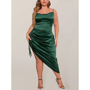Women’s Sexy Satin Pile Neck Pleated Backless Dress - Green