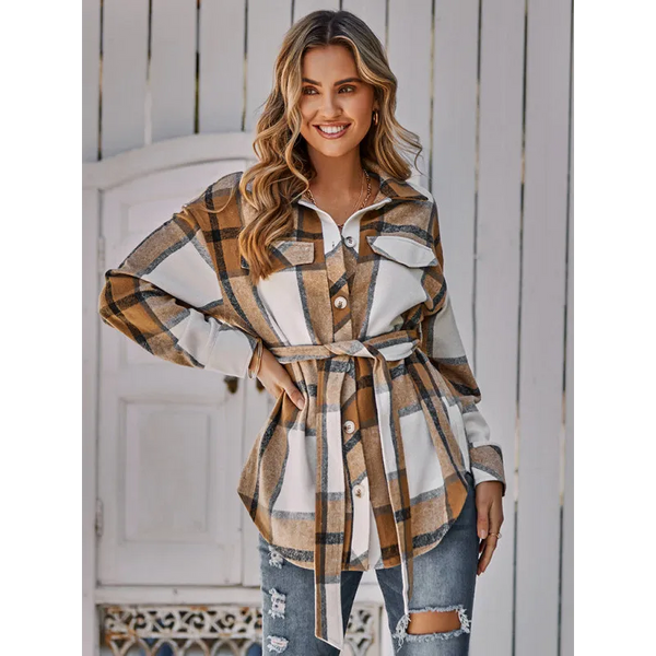 Women’s single breasted casual plaid belt jacket - Jacket