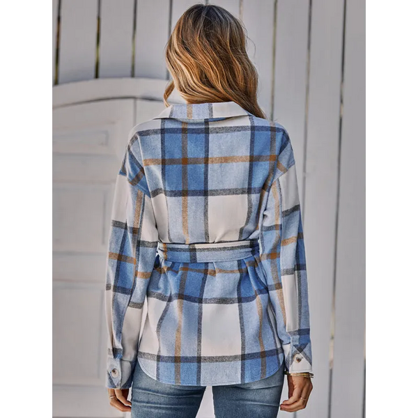 Women’s single breasted casual plaid belt jacket - Jacket