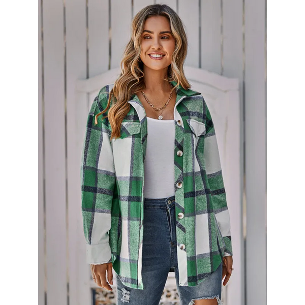 Women’s single breasted casual plaid belt jacket - Green / S