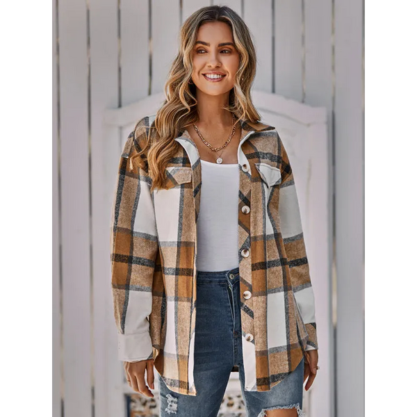 Women’s single breasted casual plaid belt jacket - Khaki / S