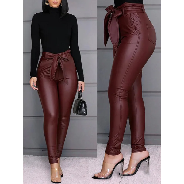 Women’s Slim Fit Tie Belt Faux Leather Pants