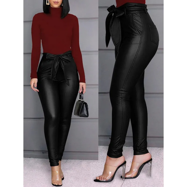 Women’s Slim Fit Tie Belt Faux Leather Pants